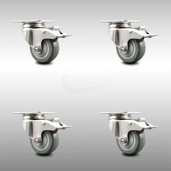 3 Inch 316SS Gray Polyurethane Swivel Top Plate Caster Set Total Lock Brake SCC